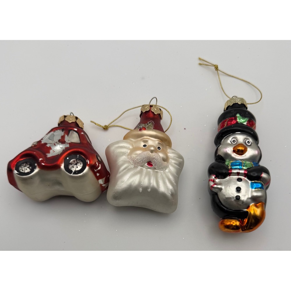 Vintage Blown Glass Christmas Ornaments Set Santa Penguin Red Car 3pc